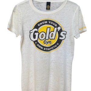 Gold's Gym White Yellow Black Graphic T-Shirt Sz L fits like a Small #04
